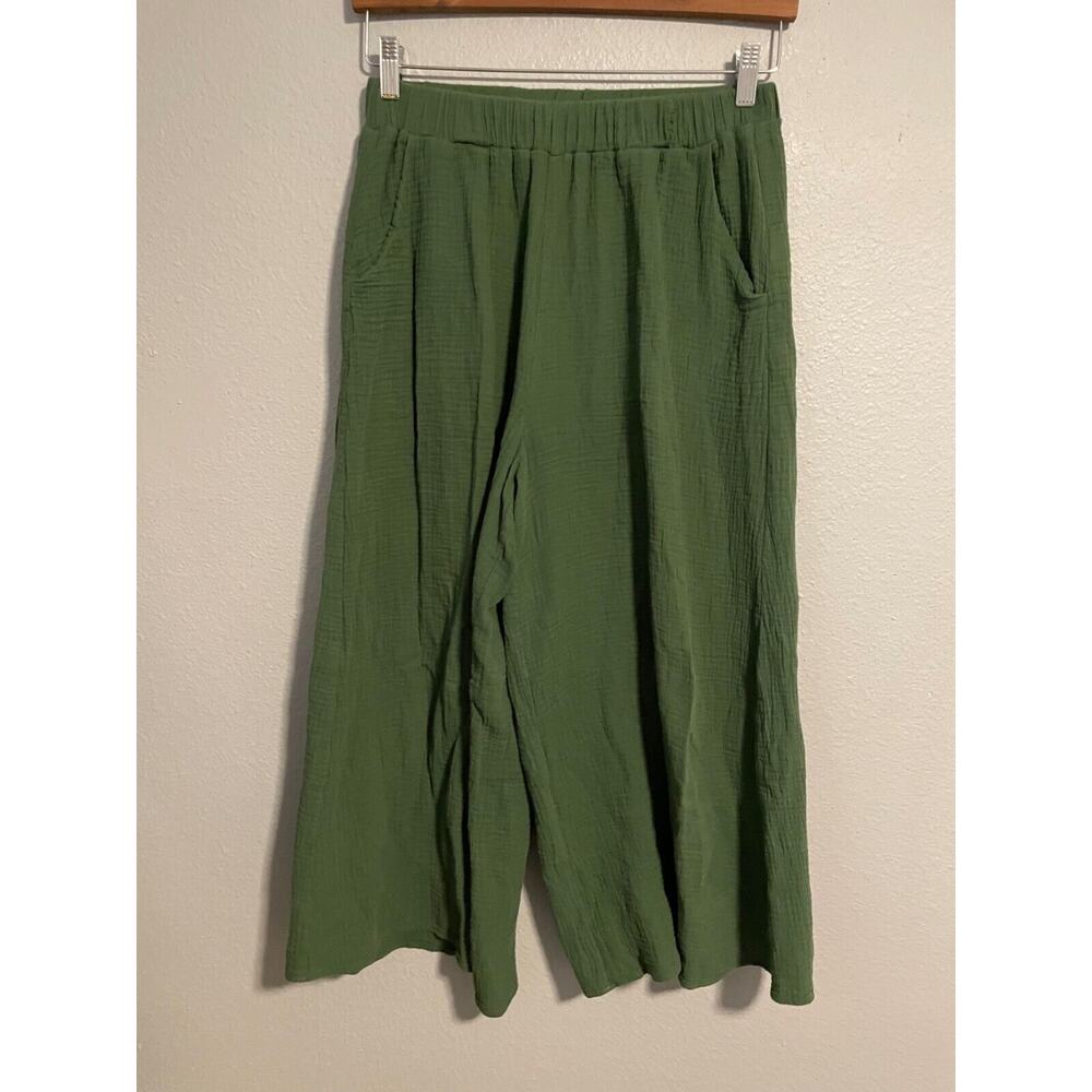 Things Between Womens Pants Medium Green Wide Leg Cropped Gauzy Lagenlook FLAW